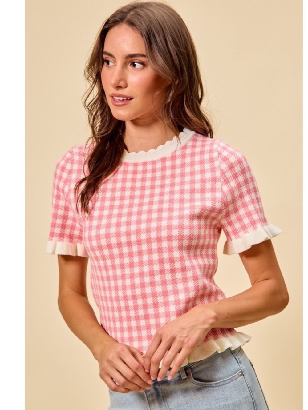 SO ME XL White Ivory Pink Gingham Knit Ruffle Trim Short Sleeve Sweater Top - Picture 3 of 13